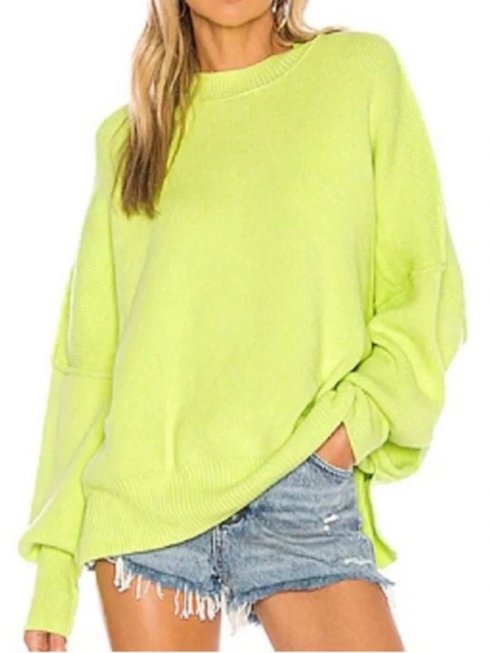 Free People Easy Street Bright Lime Green Oversized Slouchy Sweater- S